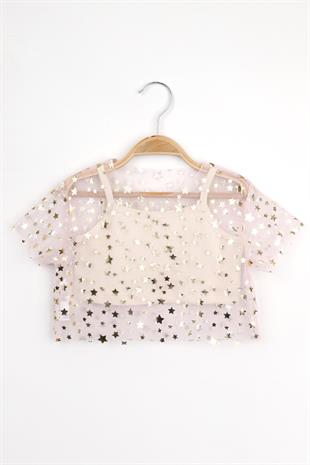 Pudra  Yıldız Baskılı Kız Çocuk Tül Crop
