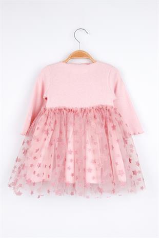 Pudra Yıldız Baskılı Tül Etekli Kız Çocuk Elbise - Karen