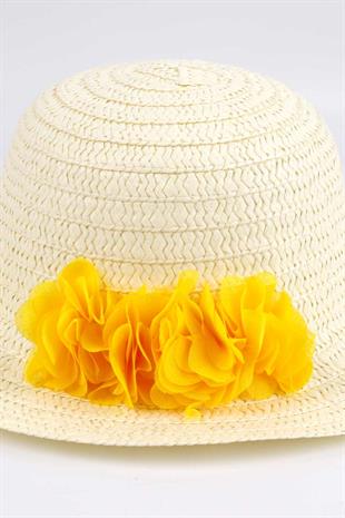 Sarı  Çiçek Detaylı Kız Çocuk Hasır Şapka