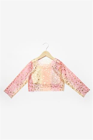 Sarı  Uzun Kollu Yıldızlı Kız Çocuk Tül Crop