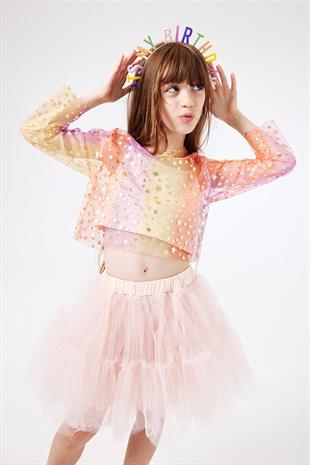 Sarı  Uzun Kollu Yıldızlı Kız Çocuk Tül Crop