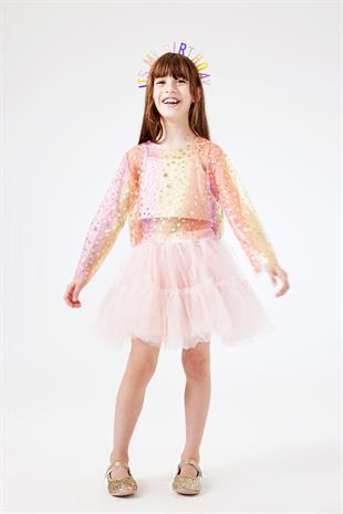 Sarı  Uzun Kollu Yıldızlı Kız Çocuk Tül Crop