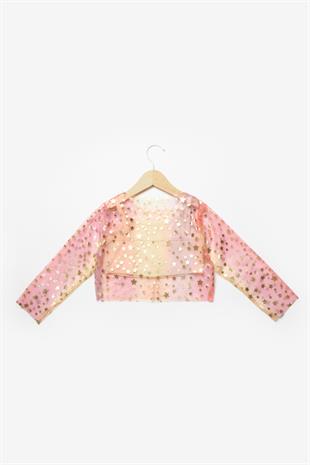 Sarı  Uzun Kollu Yıldızlı Kız Çocuk Tül Crop