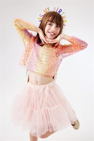 Sarı  Uzun Kollu Yıldızlı Kız Çocuk Tül Crop