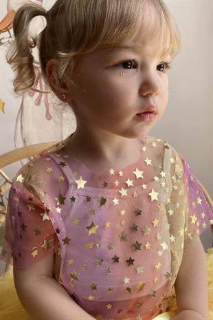 Sarı  Yıldız Baskılı Kız Çocuk Tül Crop