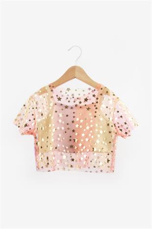 Sarı  Yıldız Baskılı Kız Çocuk Tül Crop