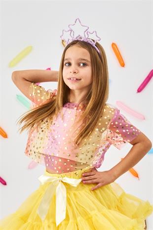 Sarı  Yıldız Baskılı Kız Çocuk Tül Crop