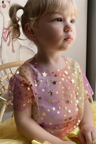 Sarı  Yıldız Baskılı Kız Çocuk Tül Crop