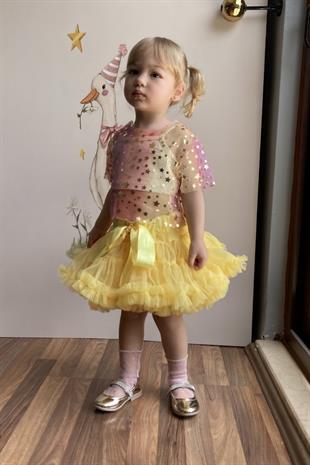 Sarı  Yıldız Baskılı Kız Çocuk Tül Crop