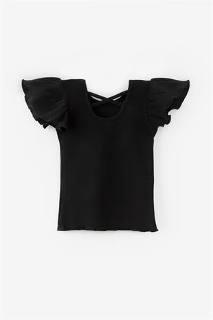 Siyah  Arkası Çapraz Biyeli Kız Çocuk Tişört - Julie