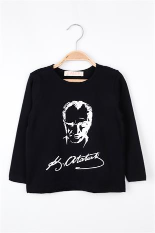 Siyah  Atatürk Baskılı Kız Çocuk Tişört