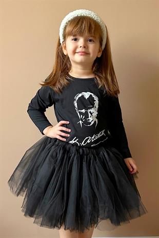 Siyah  Atatürk Baskılı Kız Çocuk Tişört