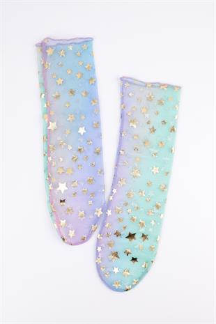Üzeri Yıldız Detaylı Çok Renkli Kız Çocuk Tül Çorap