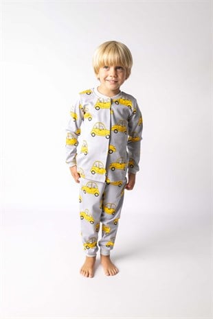 Uzun Kollu Araba Desenli Gri Pijama Takımı - Lowell