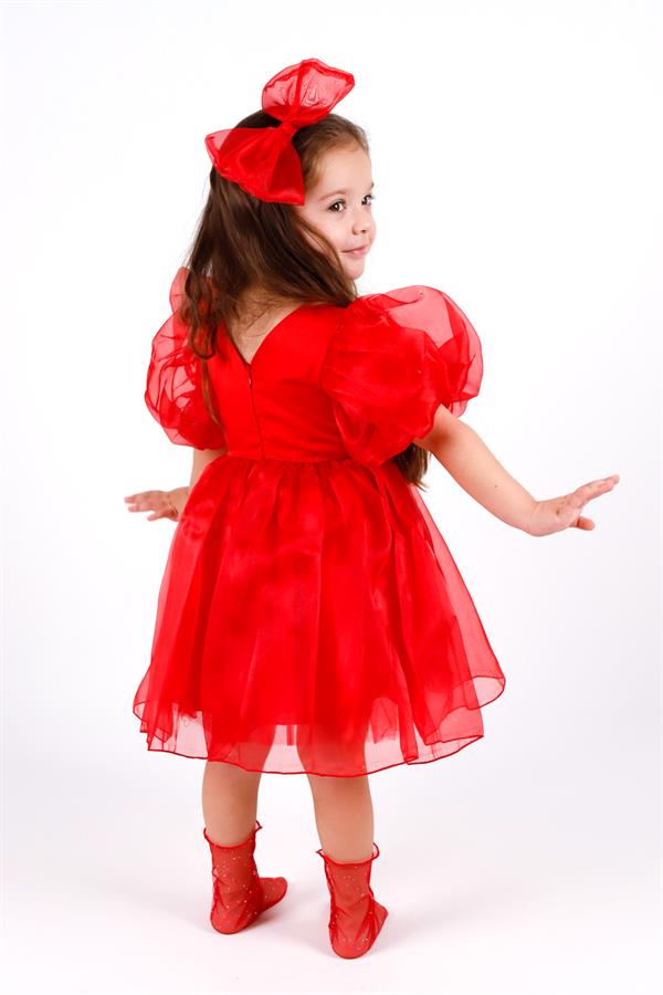  Kırmızı Taçlı Organze Kız Çocuk Elbise - Carlene