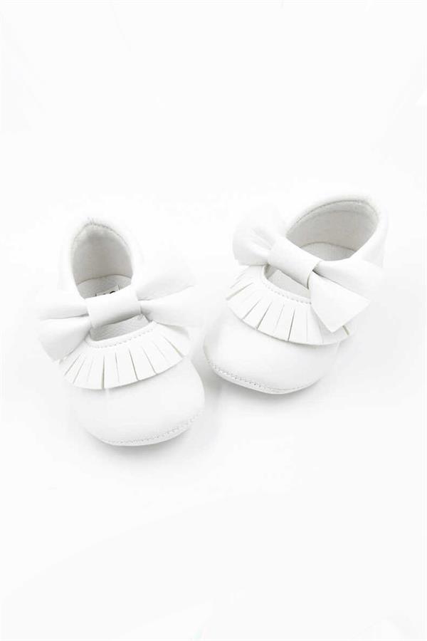 Beyaz Fiyonk Püsküllü Bebek Ayakkabı