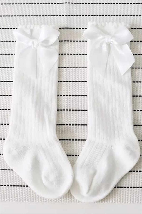 Beyaz Fiyonklu Kız Çocuk Çorap