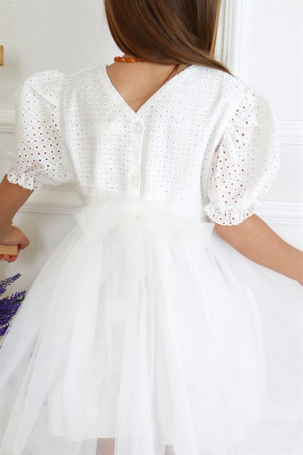 Beyaz Kısa Kollu Fisto Bluzlu Tül Etekli Kız Çocuk Elbise - Marcia