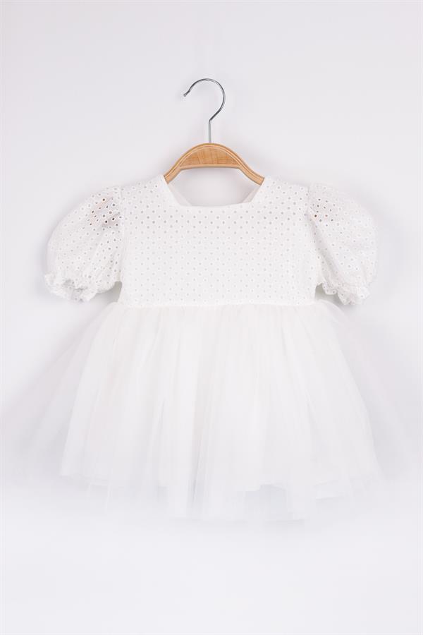 Beyaz Kısa Kollu Fisto Bluzlu Tül Etekli Kız Çocuk Elbise - Marcia