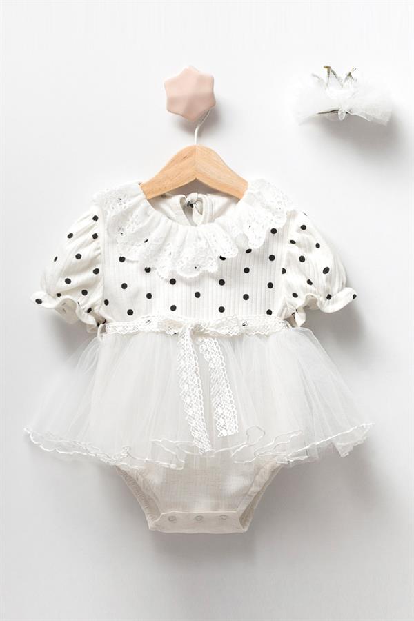 Beyaz Taç Detaylı Puantiyeli Kız Bebek Romper - Latisha