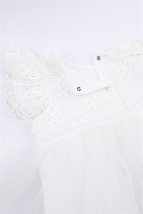 Beyaz Tül Etekli Dantel Detaylı Kız Bebek Romper - Carole