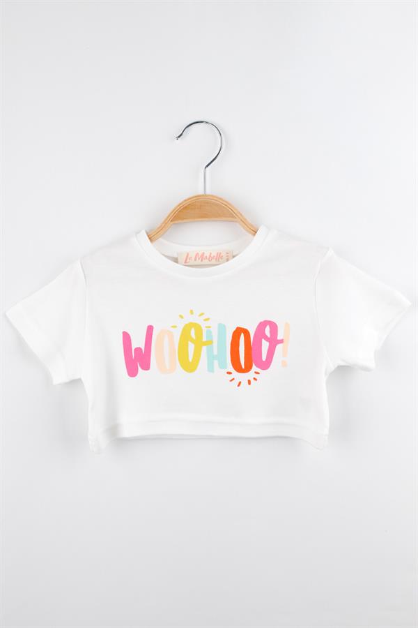 Beyaz Woohoo Baskılı Kız Çocuk Crop Tişört - Becky