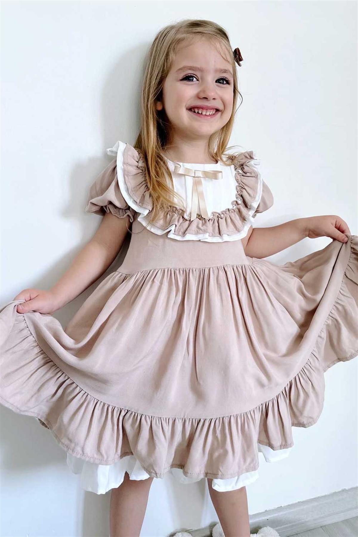 Bej Vintage Kısa Kollu Kız Çocuk Elbise - Mila