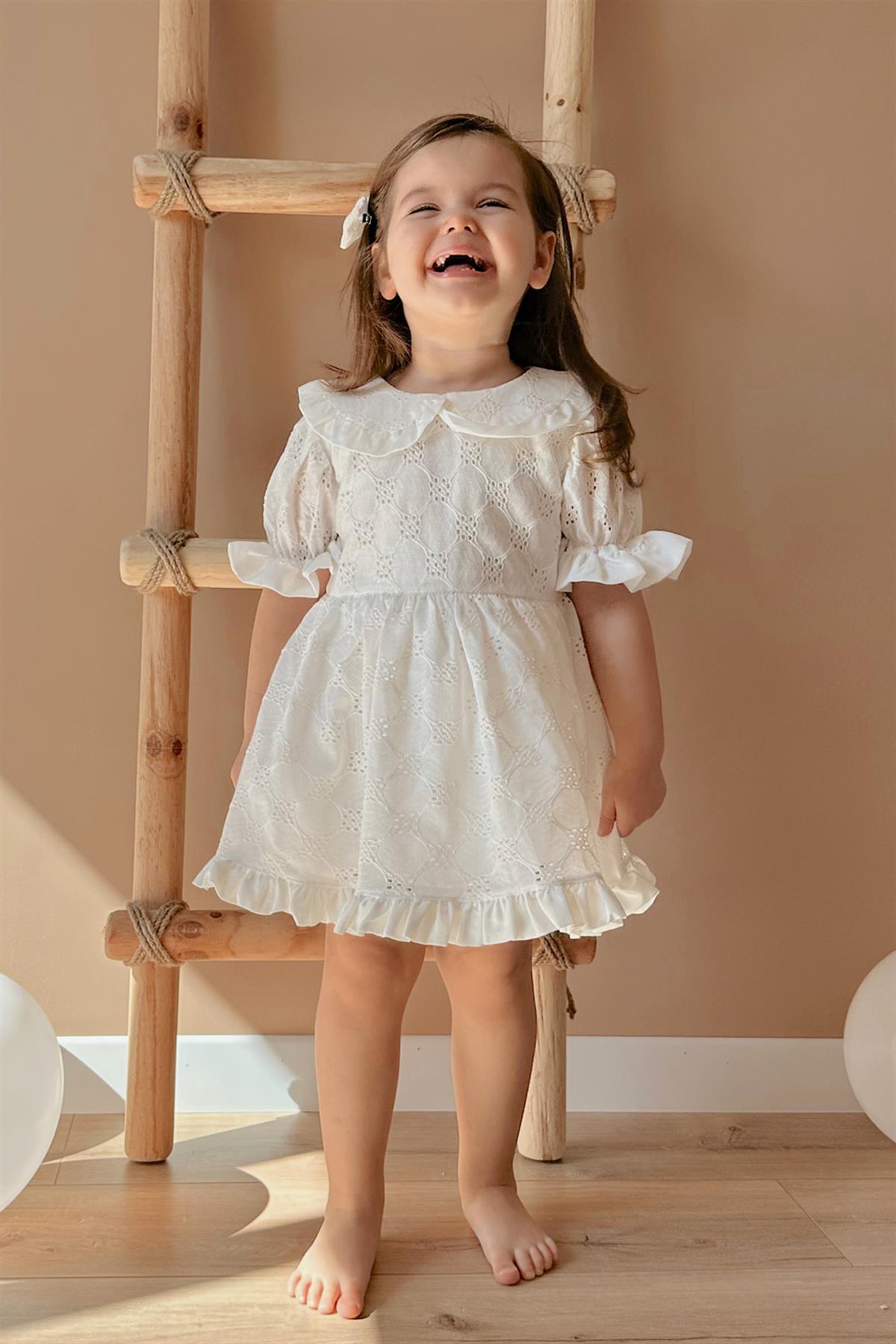 Beyaz Bebe Yakalı Fisto Kız Çocuk Elbise - GretaLM985 | Le Mabelle