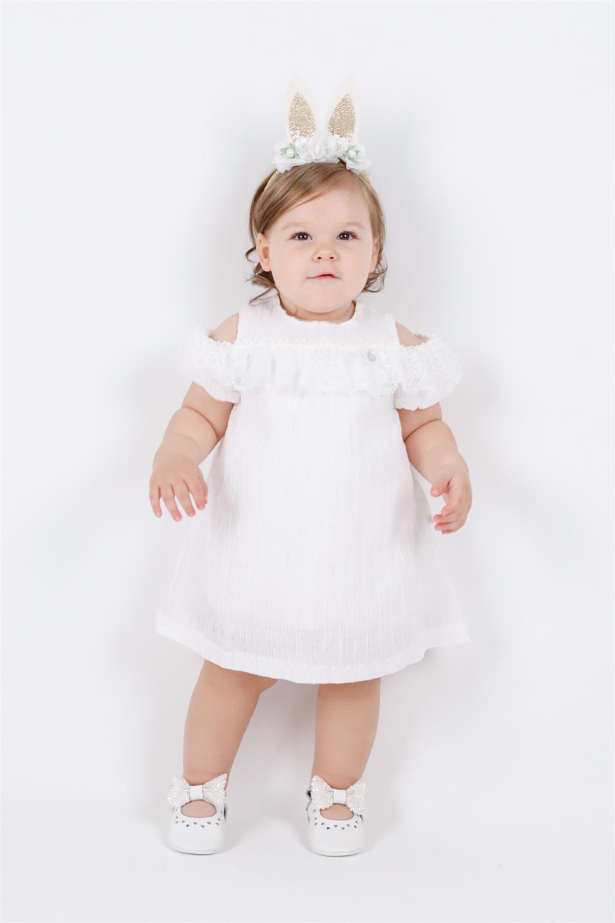 Beyaz Dantel Detaylı Omzu Dekolteli Kız Bebek Elbise - Jenny