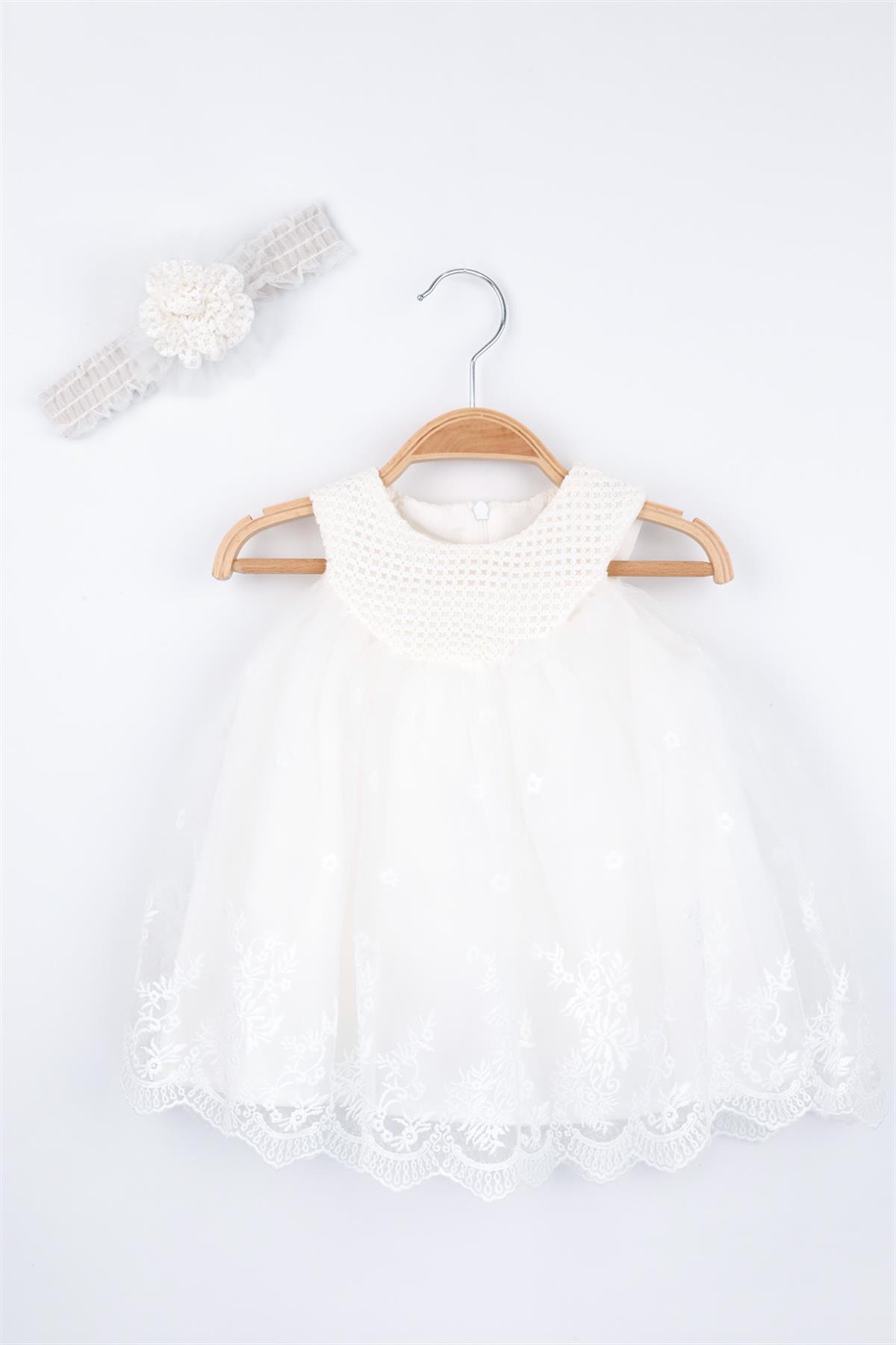 Beyaz Dantel Detaylı Saç Bantlı Kız Bebek Elbise - Gracie