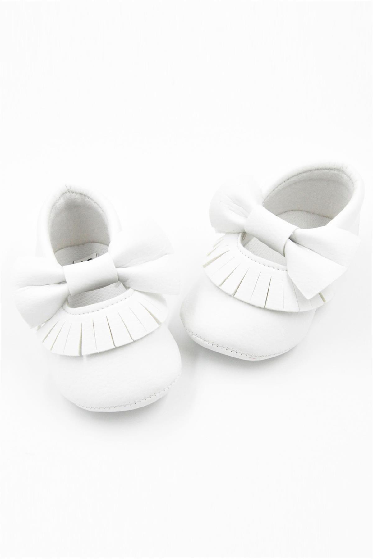 Beyaz Fiyonk Püsküllü Bebek AyakkabıLM130 | Le Mabelle