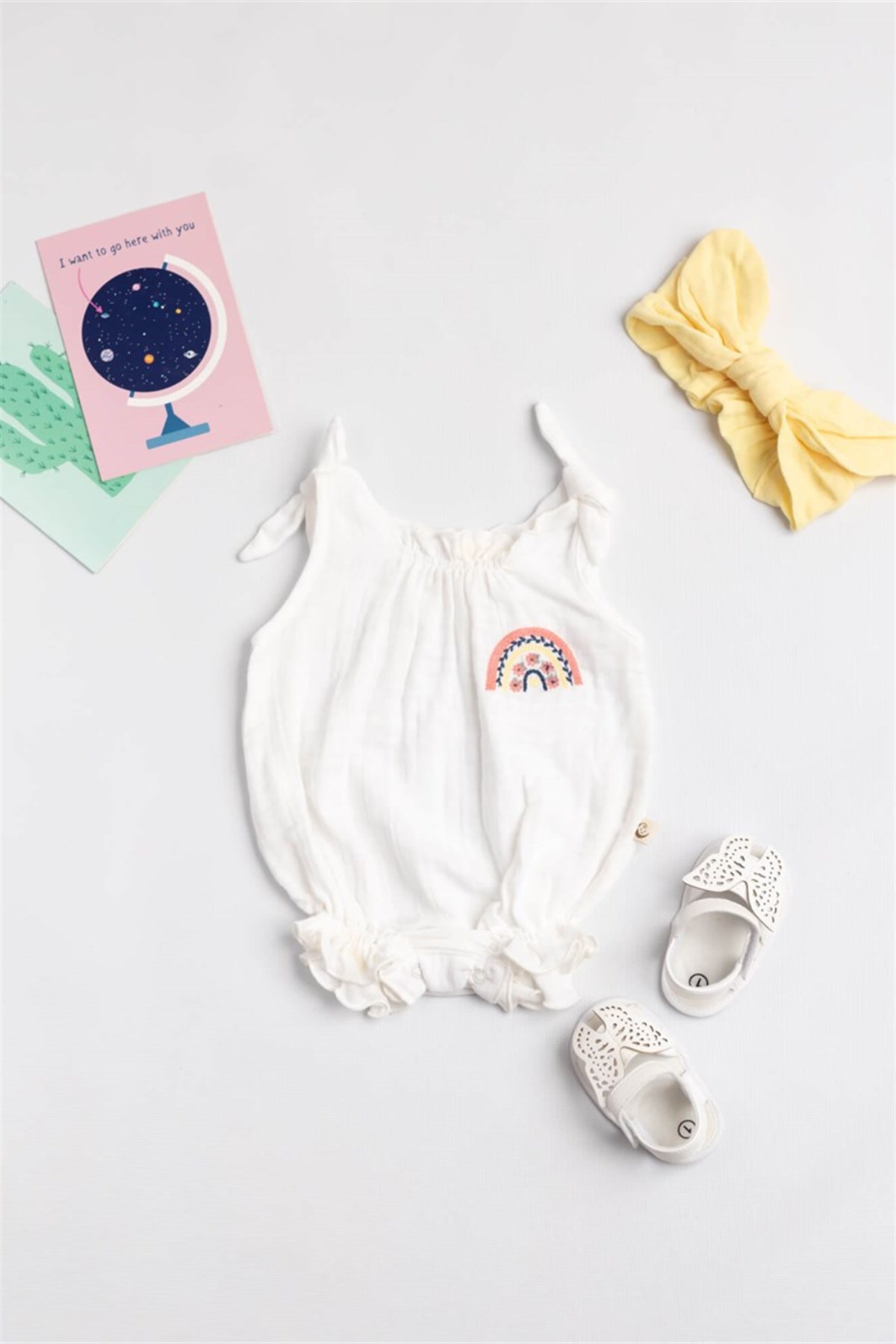 Beyaz Gökkuşağı Nakışlı Müslin Kız Bebek Tulum Set - Tuly | Le Mabelle