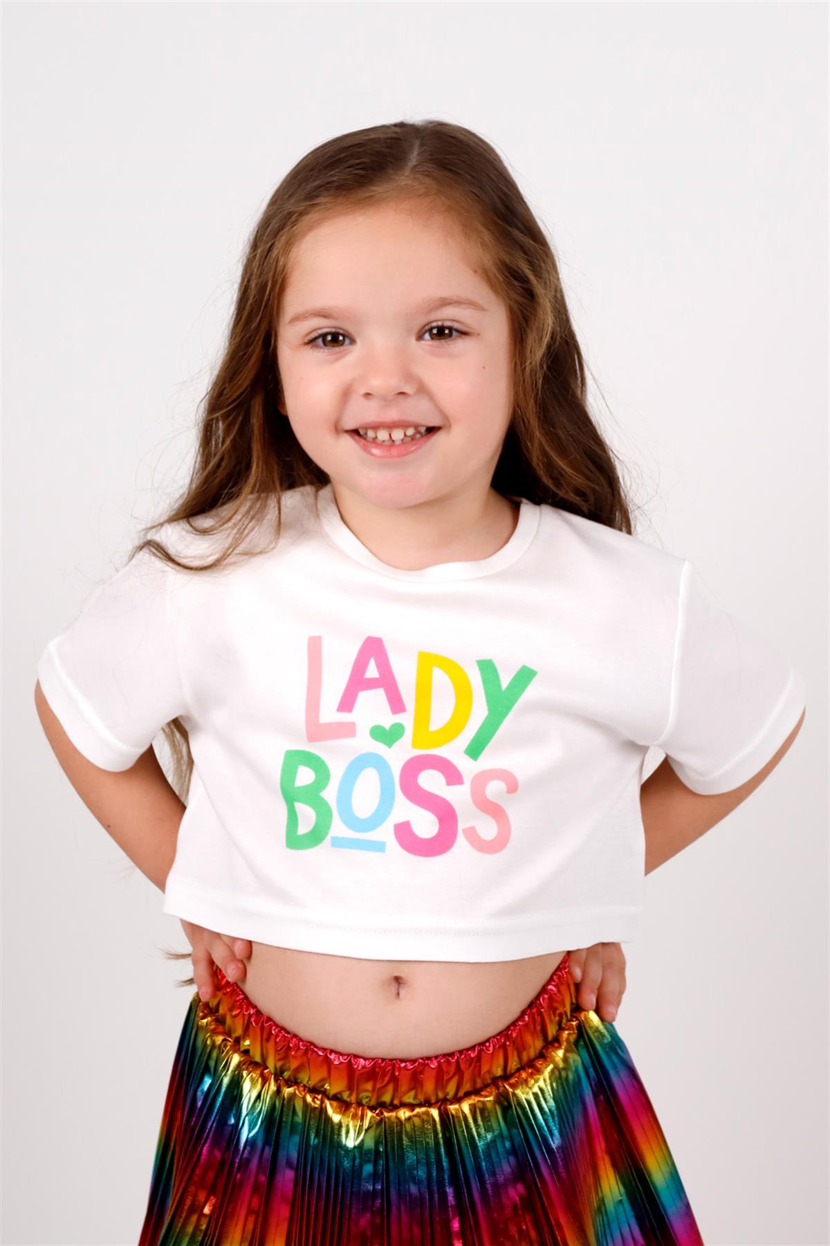 Beyaz Lady Boss Baskılı Kız Çocuk Crop Tişört - BeckyLM1102 | Le Mabelle