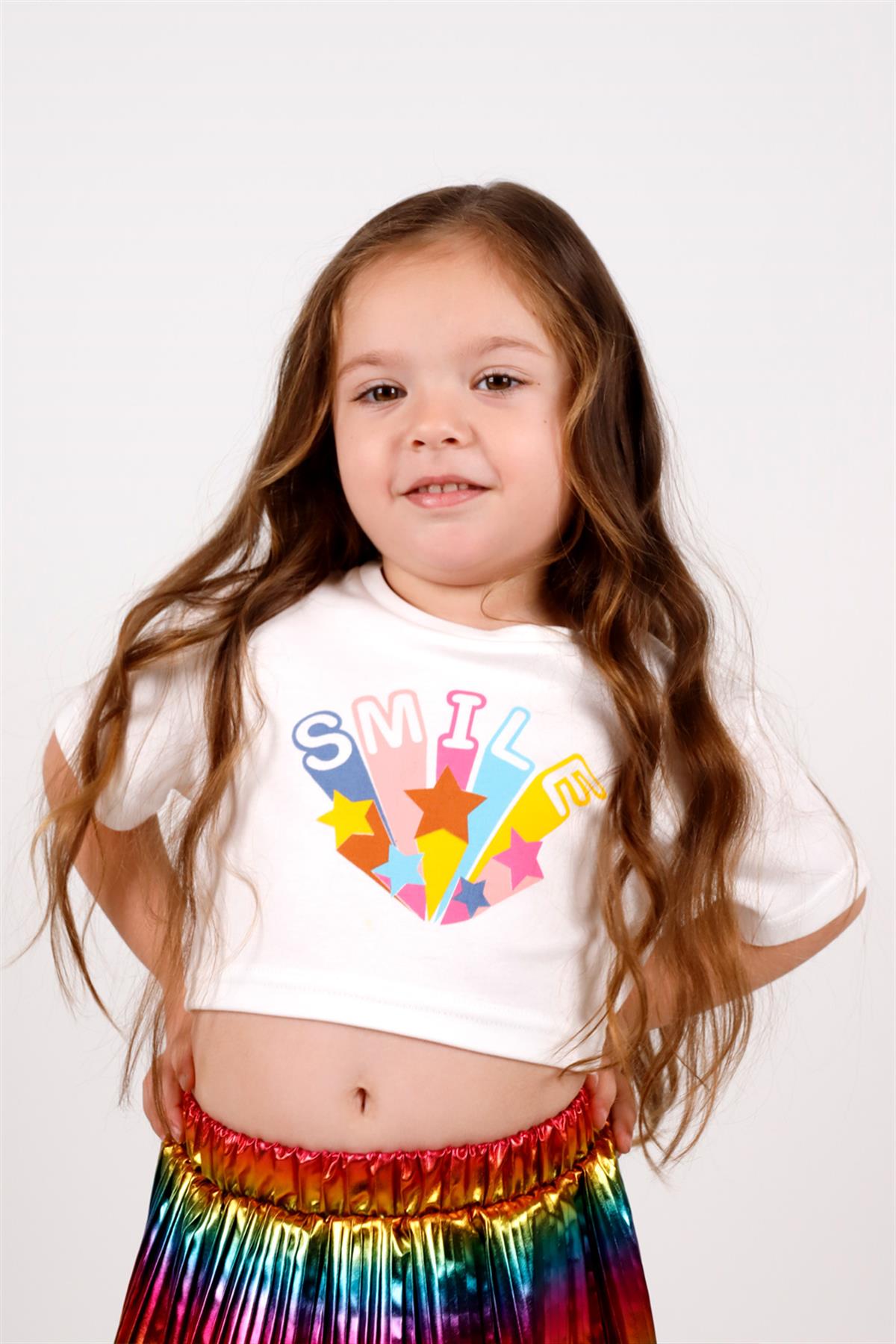 Beyaz Smile Yıldız Baskılı Kız Çocuk Crop Tişört - BeckyLM1099 | Le Mabelle