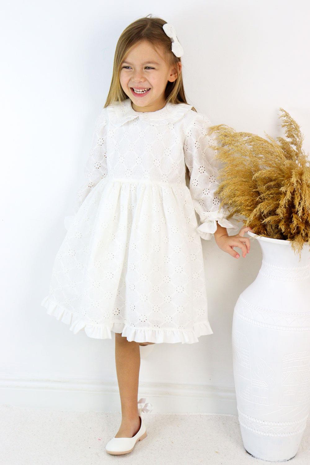Beyaz Uzun Kollu Fisto Yaka Detaylı Kız Çocuk Elbise - JesiccaLM1342 | Le  Mabelle