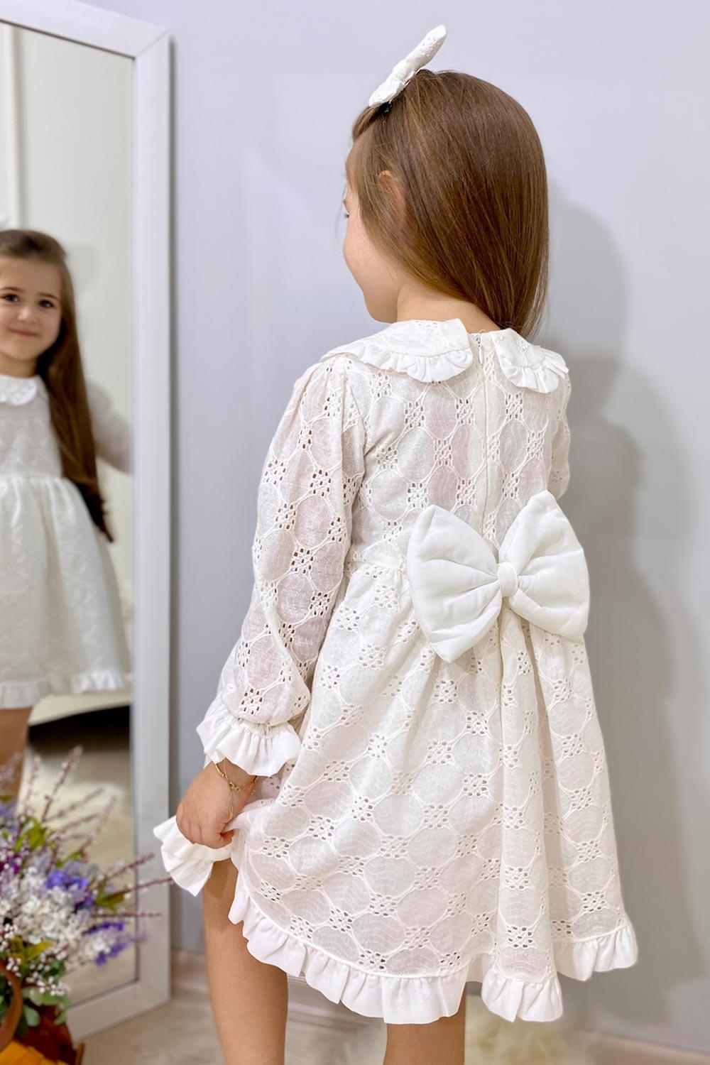 Beyaz Uzun Kollu Fisto Yaka Detaylı Kız Çocuk Elbise - JesiccaLM1342 | Le  Mabelle