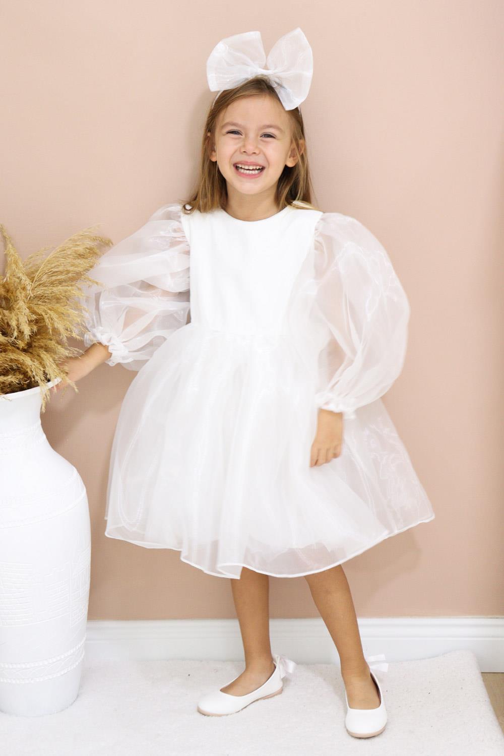Beyaz Uzun Kollu Organze Kız Çocuk Parti Elbisesi - SageLM1359 | Le Mabelle