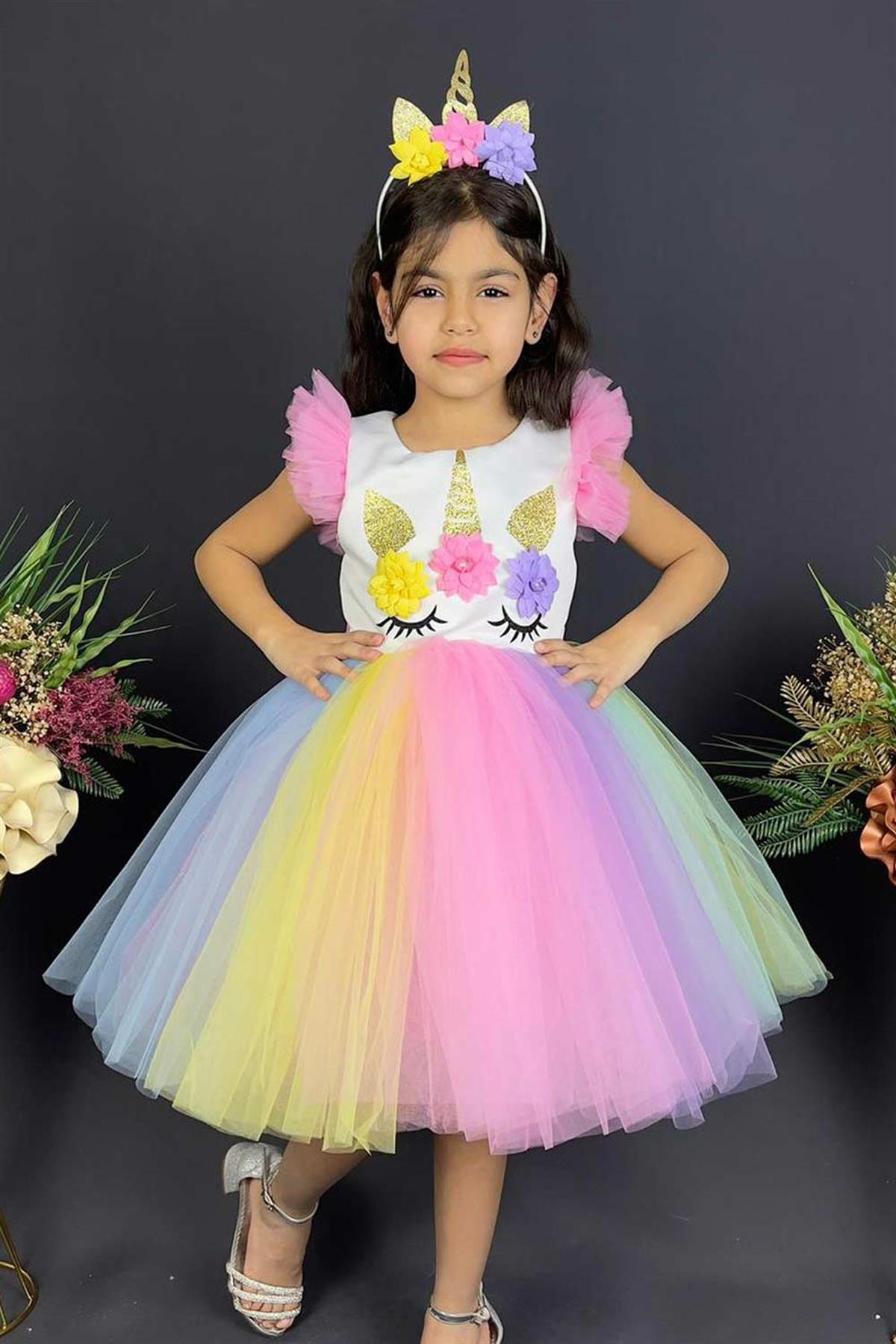 Çok Renkli Unicorn Detaylı Kız Çocuk Elbise -StacyLM1240 | Le Mabelle