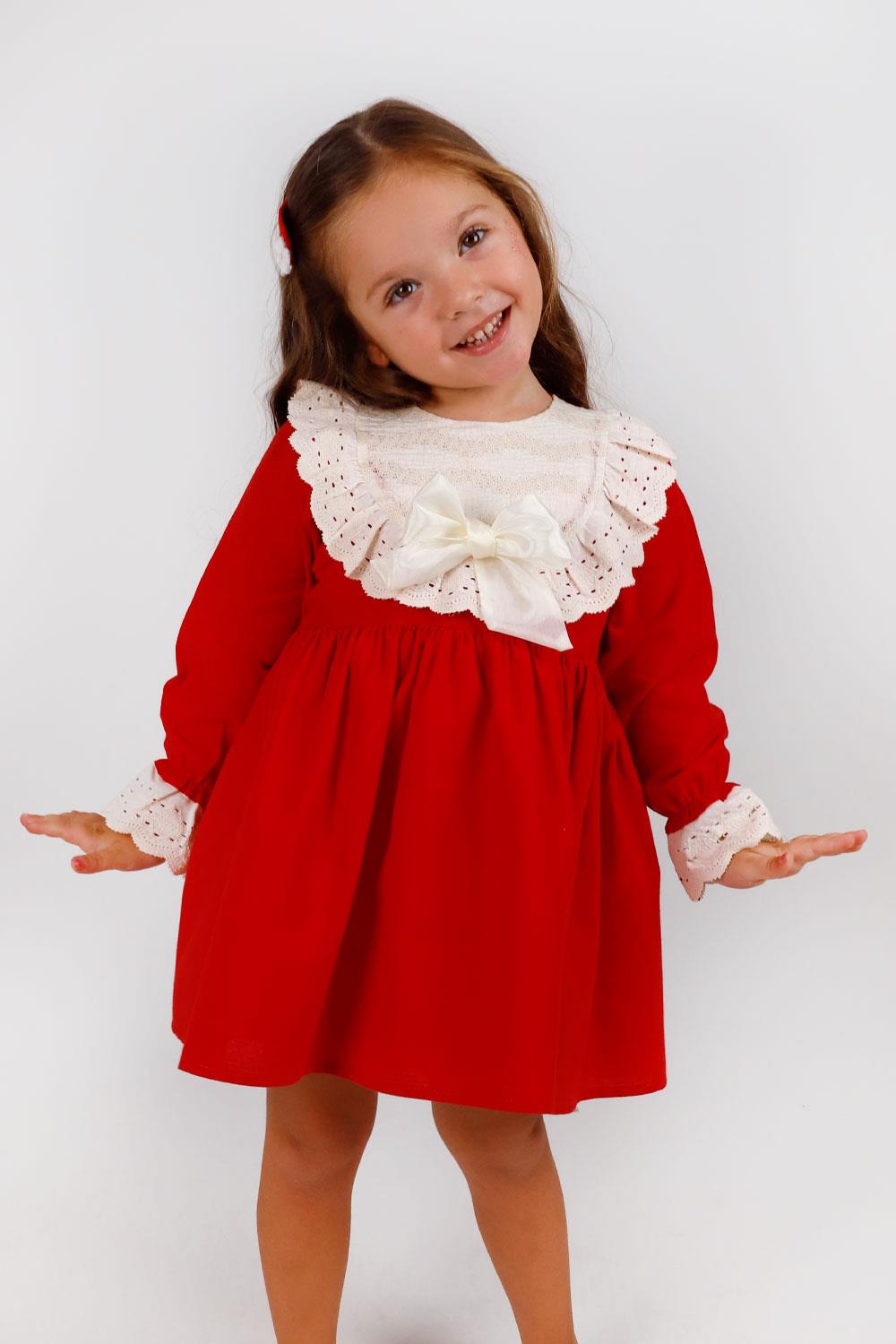 Kırmızı Fisto Yakalı Keten Kız Çocuk Elbise - TrinettaLM759 | Le Mabelle