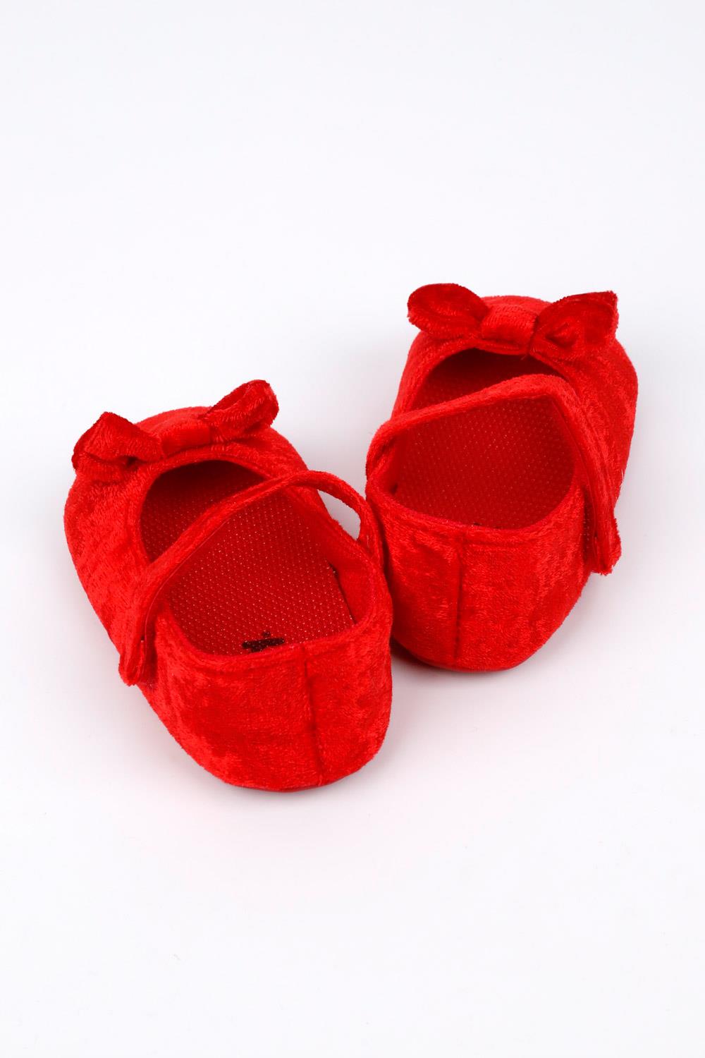 Kırmızı Fiyonk Detaylı Kadife Kız Bebek Ayakkabı