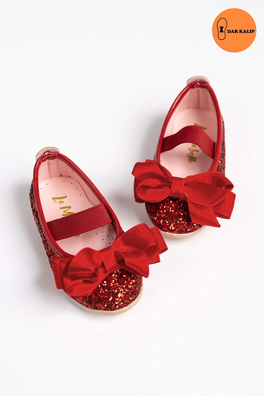Kırmızı Fiyonklu Simli Kız Çocuk Ayakkabı