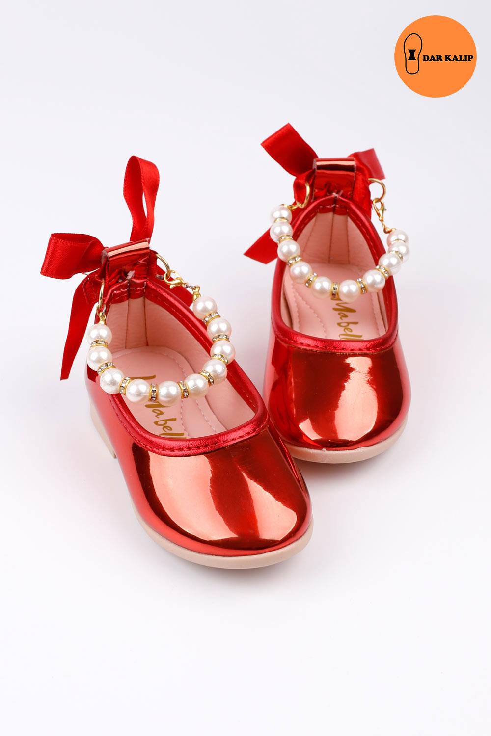 Kırmızı İncili Topuğu Fiyonklu Kız Çocuk AyakkabıLM916 | Le Mabelle