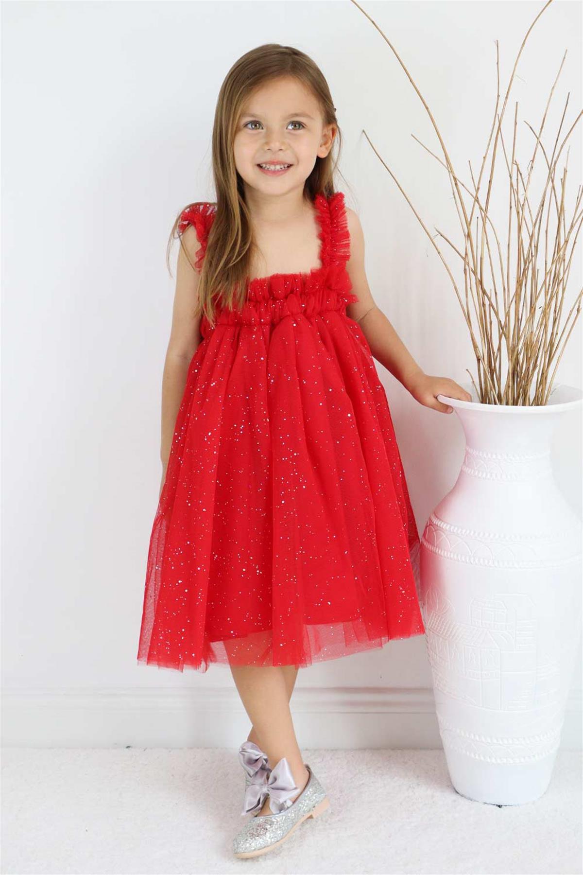 Kırmızı Kelebek Kanatlı Tül Askılı Kız Çocuk Elbise - EvieLM1210 | Le  Mabelle