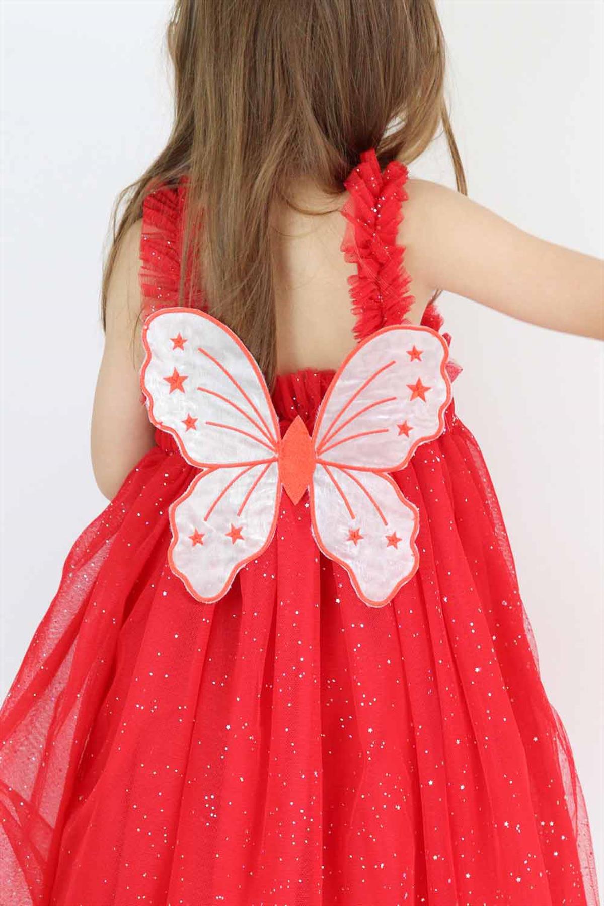 Kırmızı Kelebek Kanatlı Tül Askılı Kız Çocuk Elbise - Evie