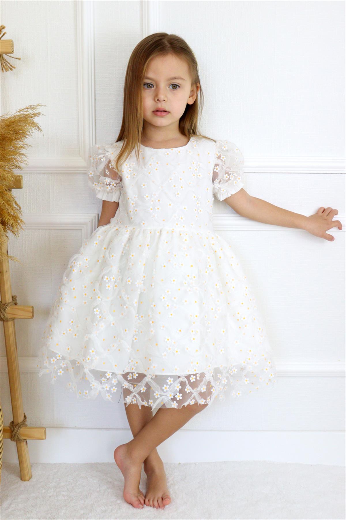 Beyaz Kısa Kollu Papatya Tüllü Kız Çocuk Elbise - HillaryLM987 | Le Mabelle