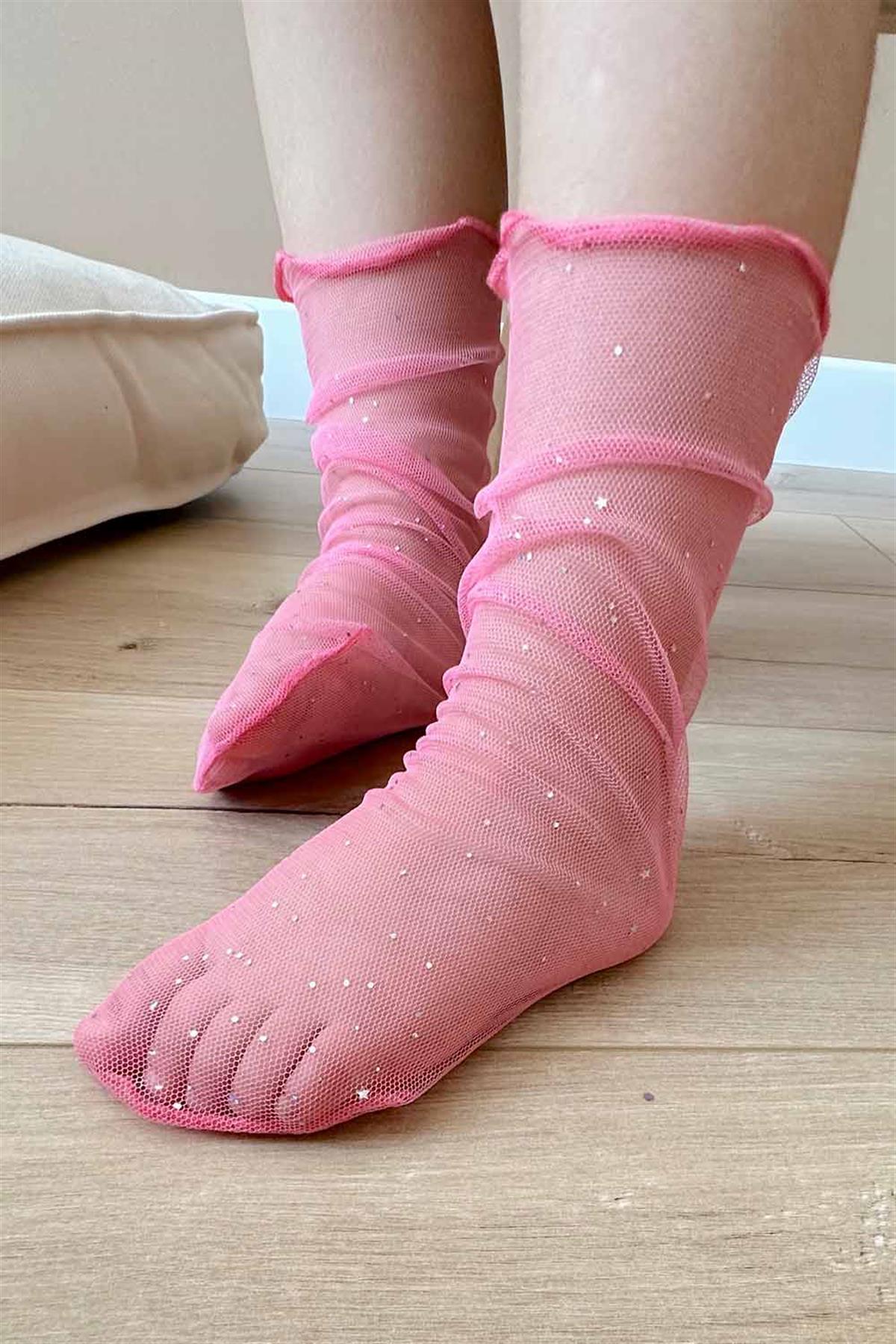Küçük Sim Detaylı Fuşya Kız Çocuk Tül Çorap