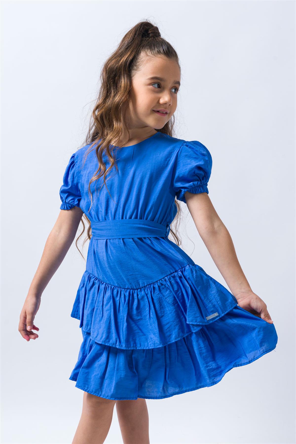 Mavi Kemer Detaylı Karpuz Kollu Kız Çocuk Elbise - MileyLM1289 | Le Mabelle