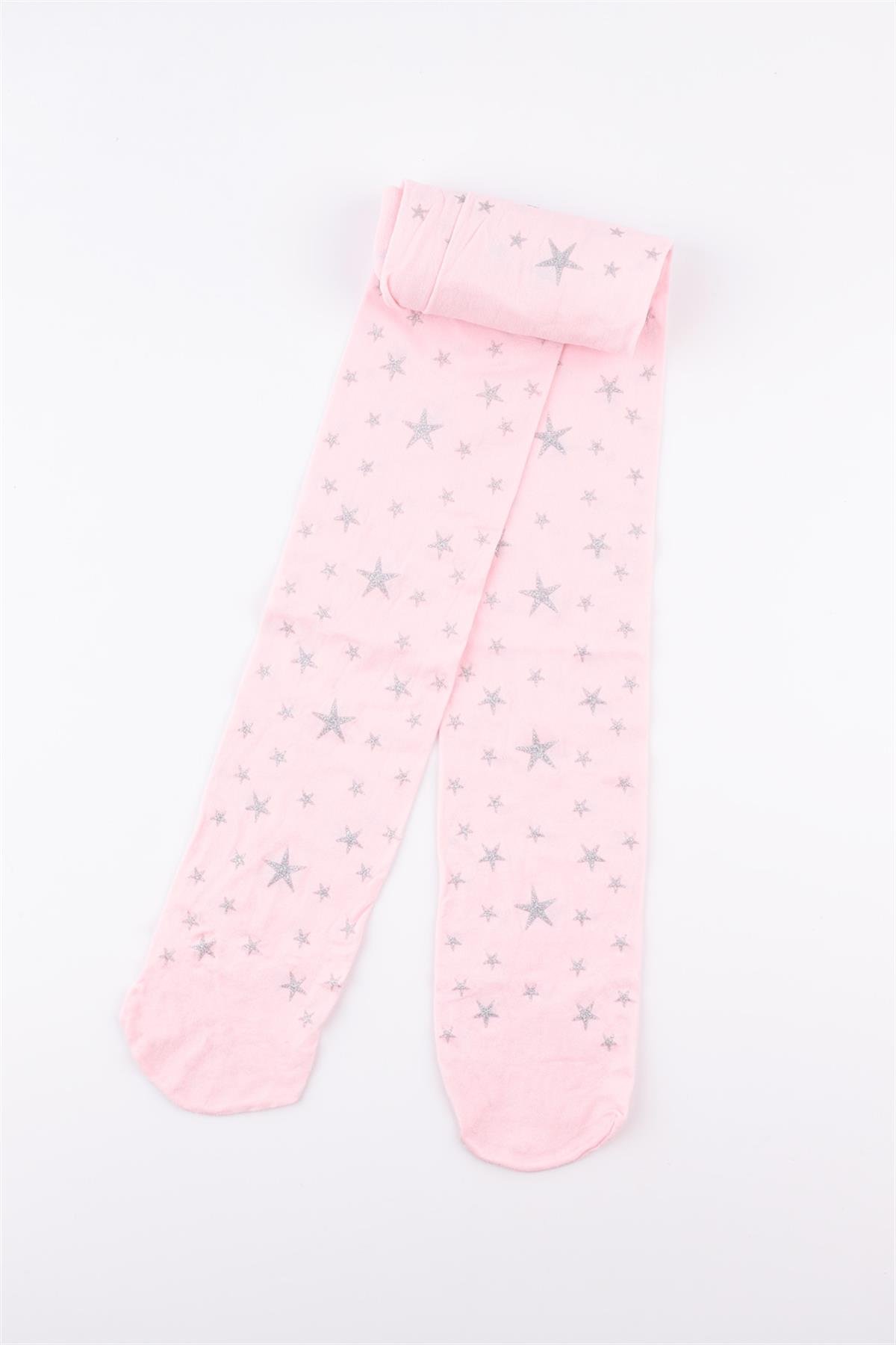 Pembe Simli Yıldızlı Kız Çocuk Külotlu Çorap