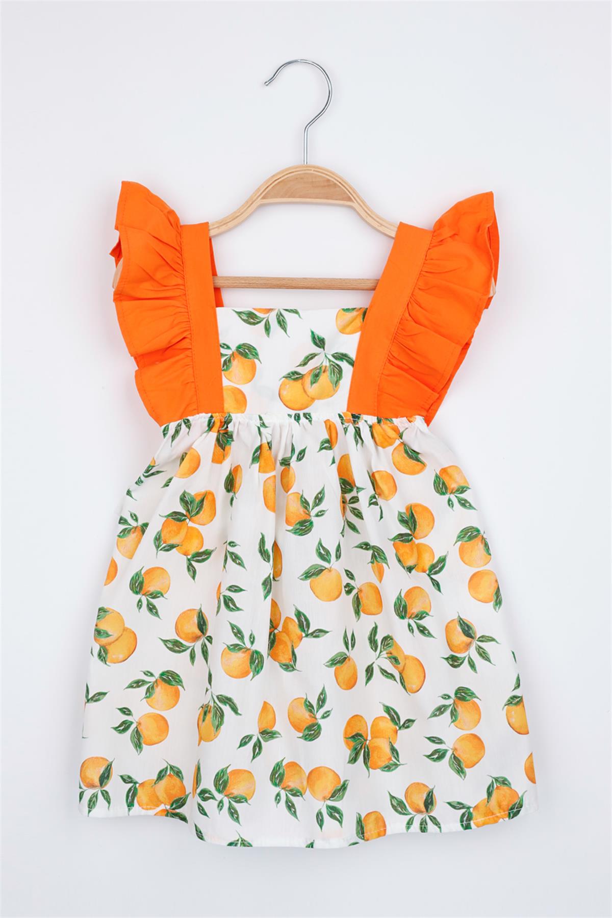Portakal Desenli Şapkalı Turuncu Kız Çocuk Elbise - DonaLM1074 | Le Mabelle