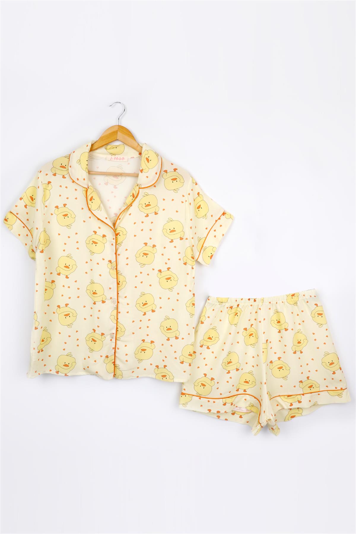 Sarı Civciv Desenli Biyeli Kadın Pijama TakımıLM1291 | Le Mabelle